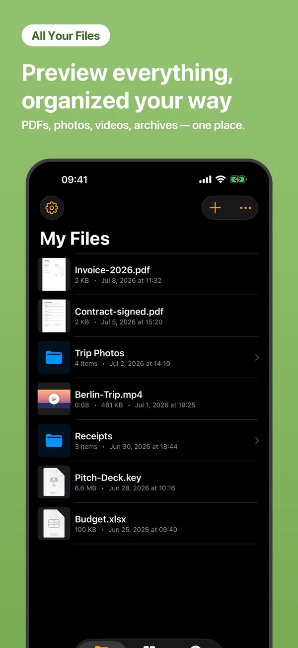 My Files list with previews of PDFs, photos and videos